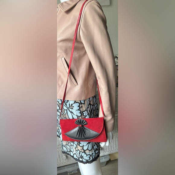 Vintage Italian Leather & Suede Mini Crossbody Bag in Red & Black colors - Picture 3 of 12